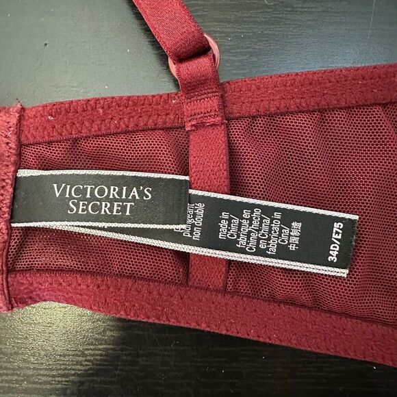 Victoria’s Secret Very Sexy unlined plunge bra burgundy lace Size 34D Dark Red - Picture 7 of 7